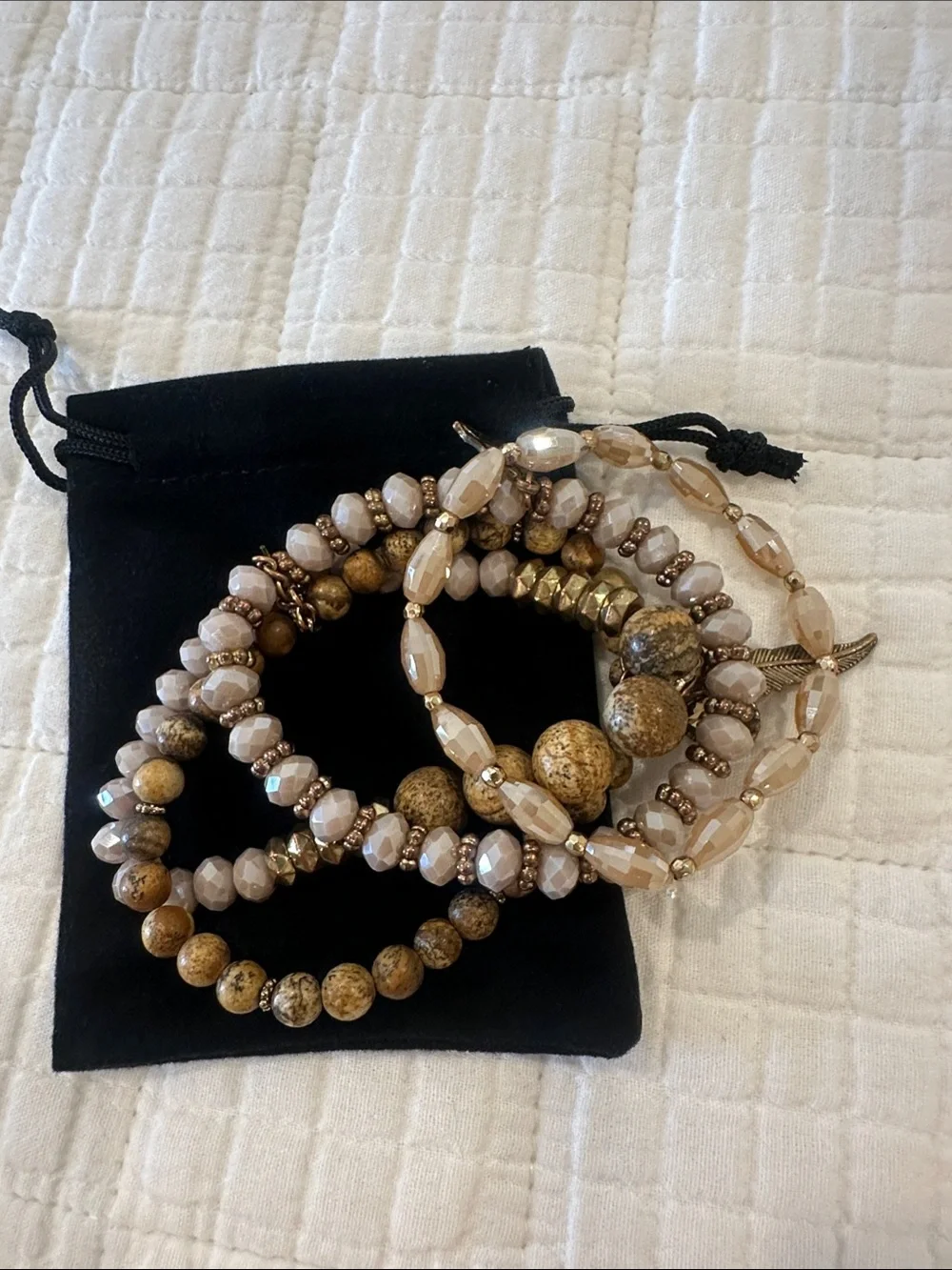 Neutral Stone and Faceted Bead Stack Bracelet with Gold Feather Charm